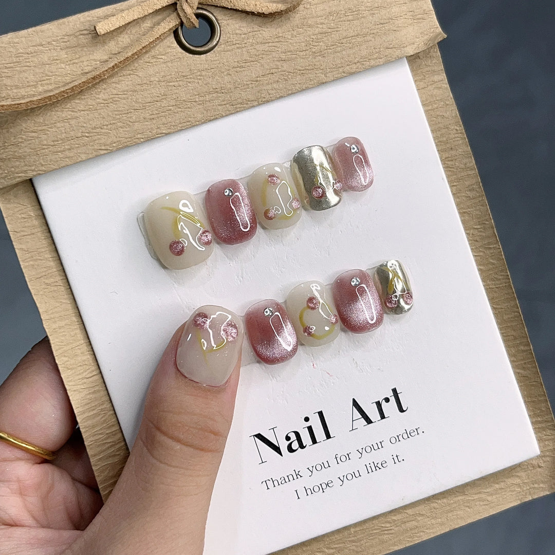 Hand-painted Cat Eye Cherry Inlaid Diamonds Press On Nails