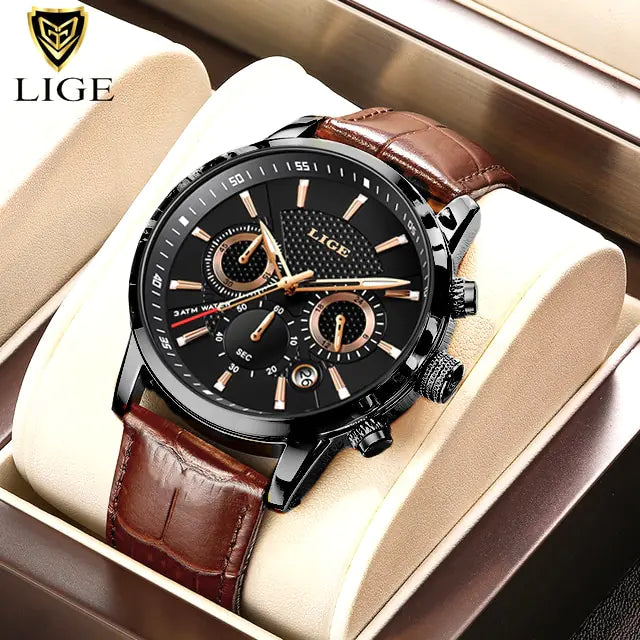 New Mens Watches LIGE Top Brand Luxury Leather Casual Quartz