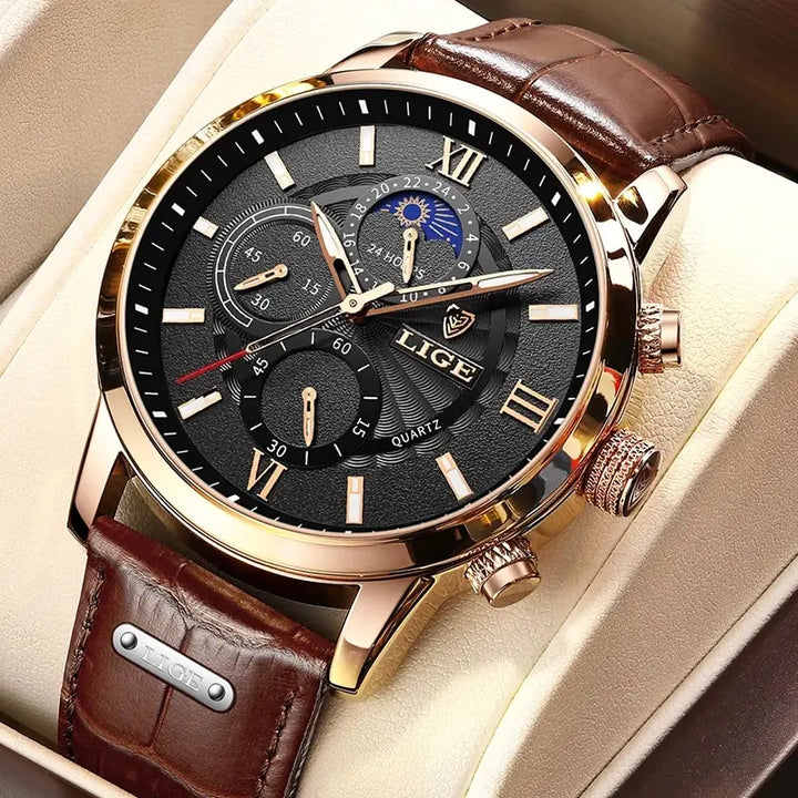 New Mens Watches LIGE Top Brand Luxury Leather Casual Quartz